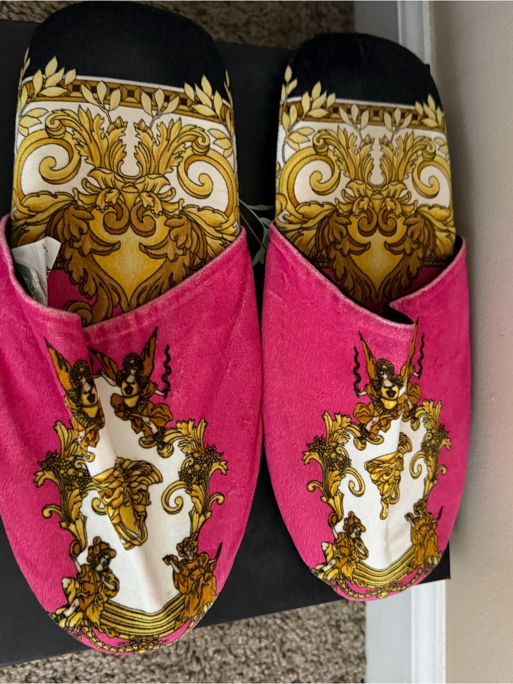 Versace Pink Velvet Slip-On Mules with Gold Baroque Motif